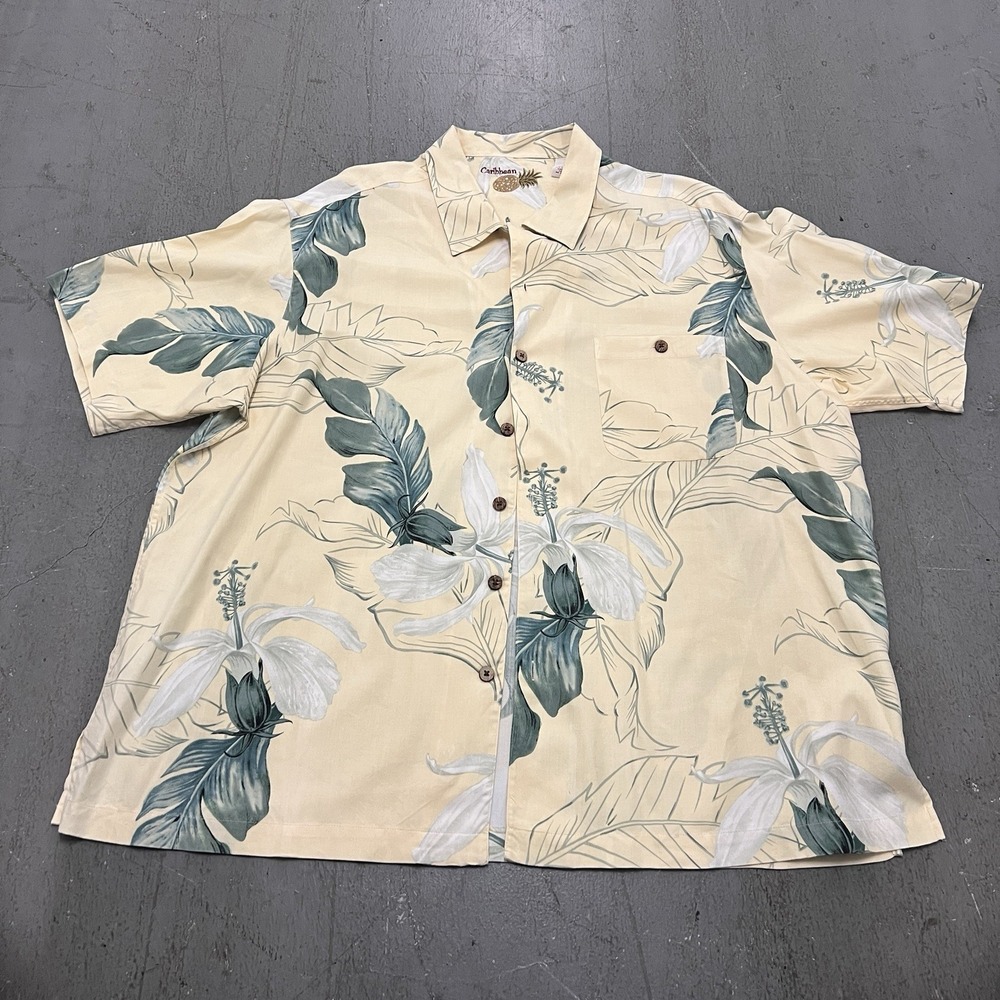 Caribbean Joe Mens Boho Silk Blend Yellow/Blue Floral Beach Button-Down Shirt 2X